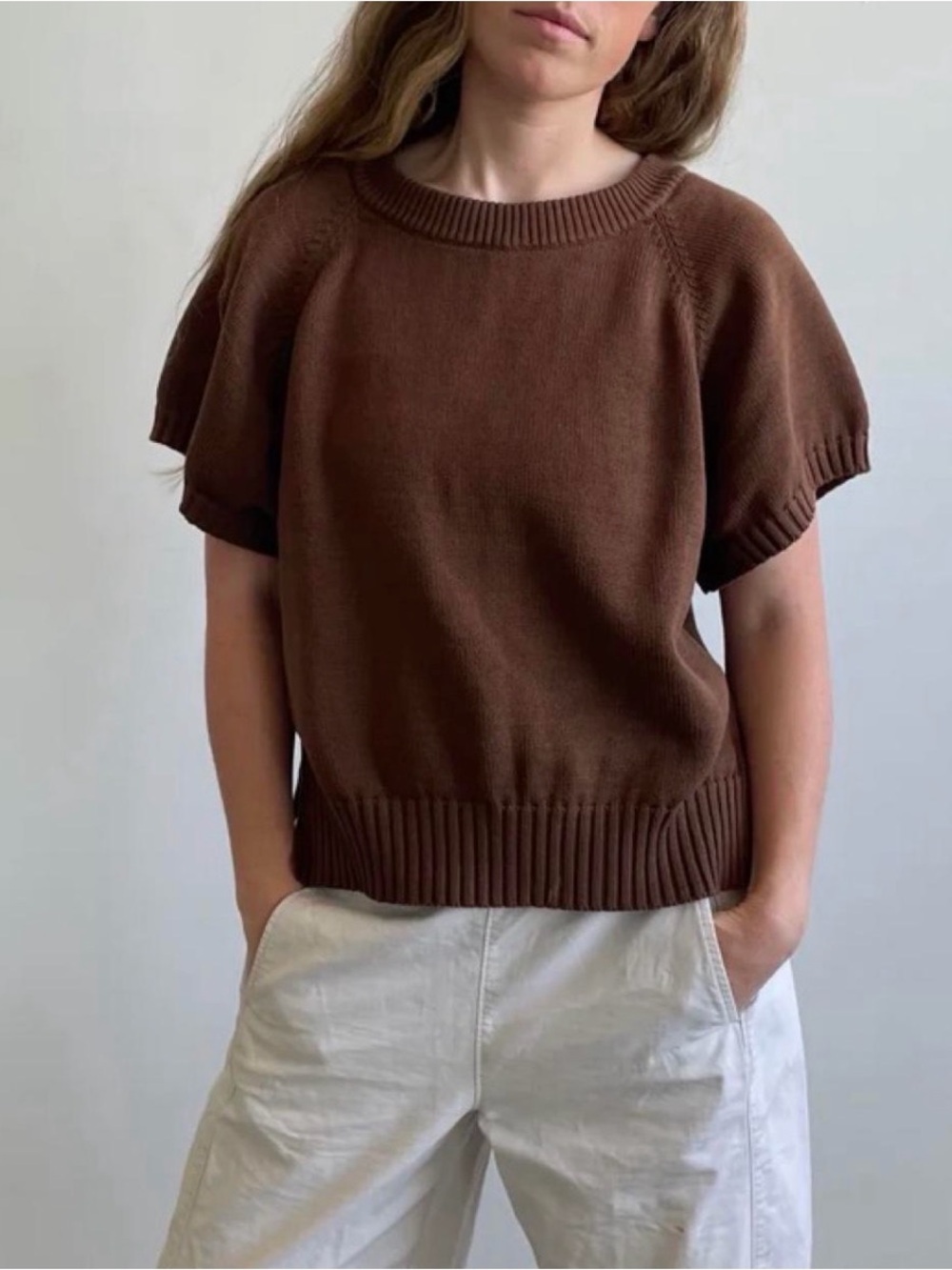 Short Sleeve Brown Knit Pullover